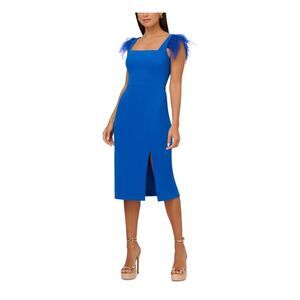 AIDAN Womens Blue Lined Feathered Sleeve Sleeveless Sheath Dress 2